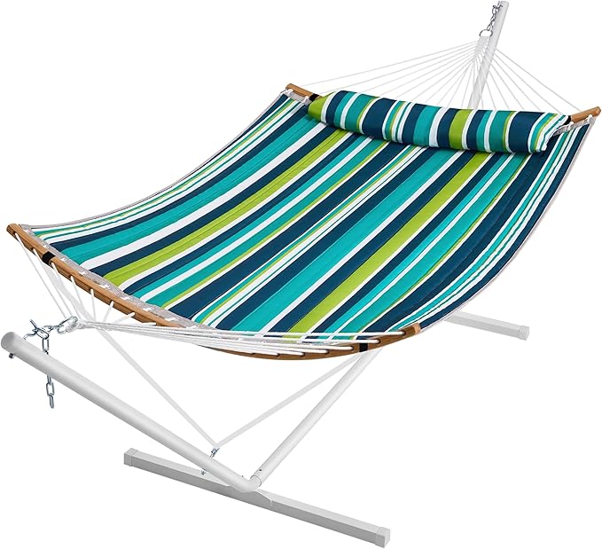 SUPERJARE Curved-Bar Hammock with Stand 2 Person Heavy Duty Hammock Frame Detachable Pillow &amp Portable Carrying Bag Perfect for Outdoor &amp Indoor Blue-Green Stripe