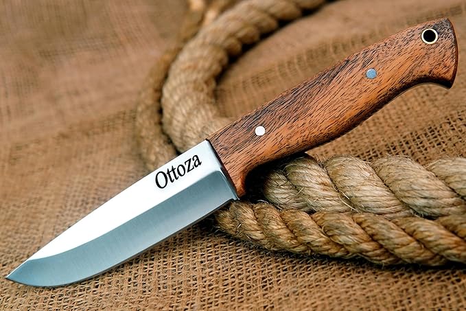 Ottoza Full Tang Bushcraft Knife with 1095 Carbon Steel Fixed Blade - Survival and Outdoor Camping Knife - Musket Wood Handle Brown Leather Sheath 402