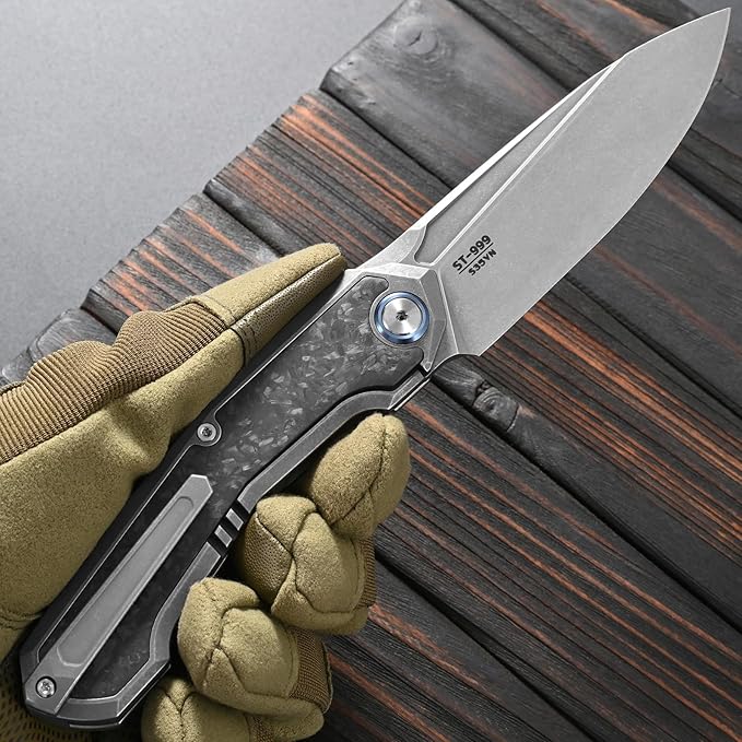 Sitivien ST999 Folding KnifeS35VN Steel Blade with Titanium and Carbon Fiber Handle Liner LockEDC Knife with pocket clip for Outdoor Camping Survival Hiking(Gray)