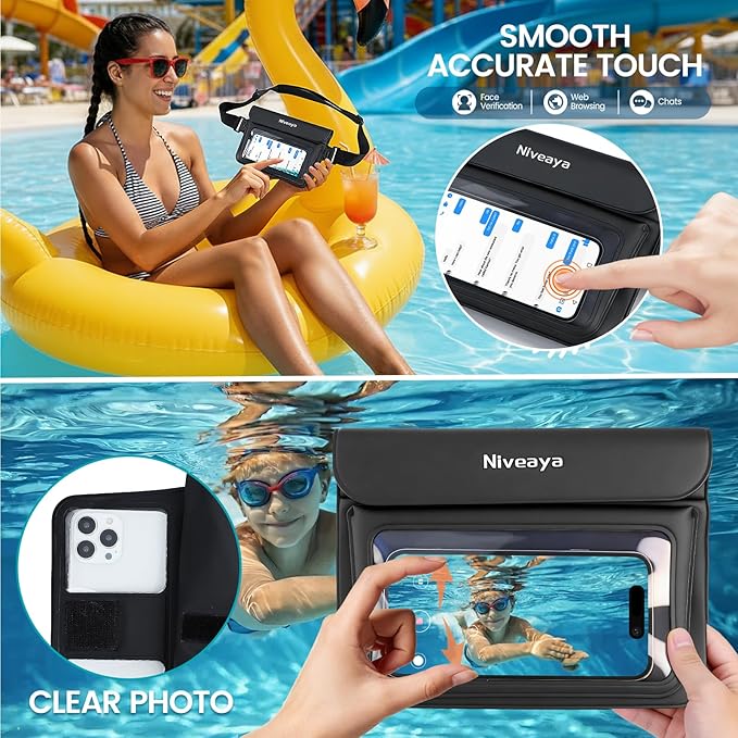 Niveaya Double Space Waterproof Fanny Pack IPX8 Waterproof Dry Bag Waist Pouch for Beach Kayaking Swimming Boat Travel Essentials Waterproof Phone Bag &amp Passport Holder for Women Men(2 Pack)