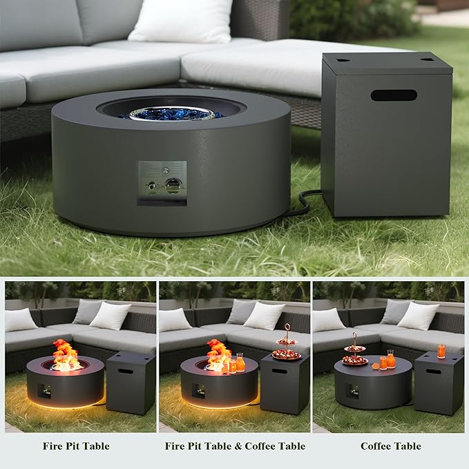 2-Piece 30 LED Round Propane Fire Pit for Outside Patio with Hidden Tank Table 50000 BTU Fireplaces with Lid Glass Rocks Cover(Dark Grey w/Golden Light)