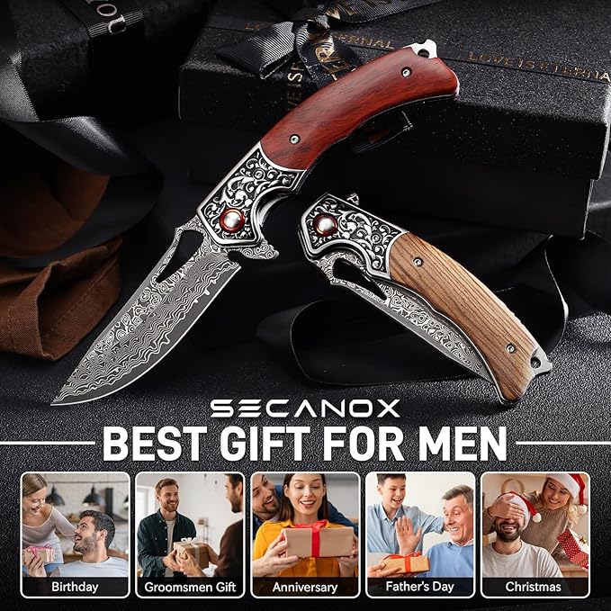 Damascus Pocket Knife for Men Wooden Handle and Sharp Damascus Steel Blade Folding Knives for EDC Camping Hiking Outdoor Collection