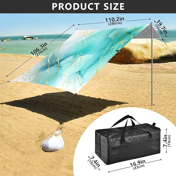 xigua Textures Beach Tent Sun Shelter with Carrying Bag - Silver Coated Oxford Fabric Beach Canopy for Beach Camping Fishing - Includes Windproof Ropes Sandbags &amp Stakes