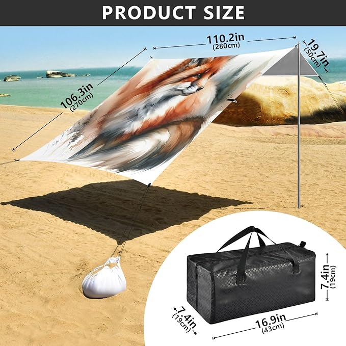 ALAZA Fox Watercolor Animal Beach Tent Sun Shelter UPF50+ Protection Beach Shade Canopy w/ 4 Sandbags for Outdoor Camping Fishing Backyard Fun Picnic 10x9 ft
