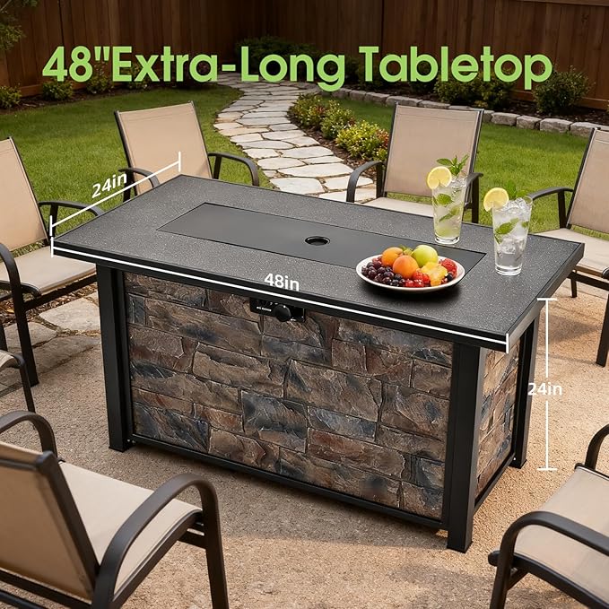 48 Fire Pit Table with Metal top &amp Stone Panel Propane Gas Firepit 5W BTU Fire Table for Outside Patio Backyard Deck Balconywith Metal LidLava Rocks &amp Rain Cover Rectangular