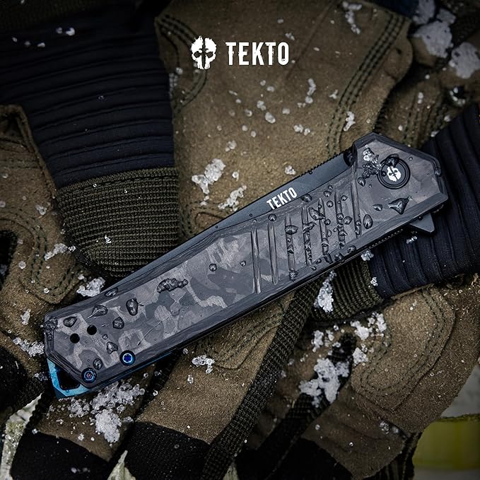 TEKTO KNIVES F1 Alpha Folding Pocket Knife - Modified Straight Back Blade Titanium Coated D2 Steel Ideal for Outdoor Camping &amp BackpackingTactical Forged Carbon Fiber Handle Blue Titanium Acce