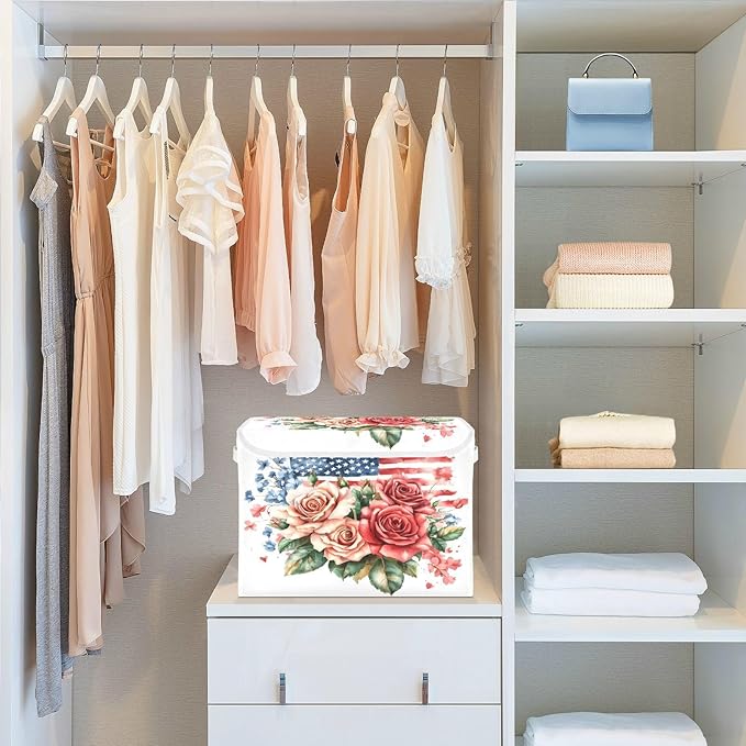 senya July Fourth Baskets Collapsible Storage Bins with Lids Roses Gypsophila Flag Storage Boxes Clothes Baskets for Organizing