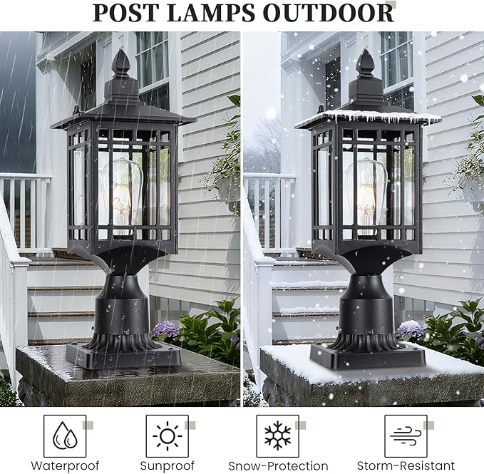Outdoor Post Light17in Matte Black Lamp Post Light Fixture Waterproof Aluminum Housing with GlassOutdoor Lighting Pole Lantern for Outside Yard Patio Pathway Garden Deck Hard Wired