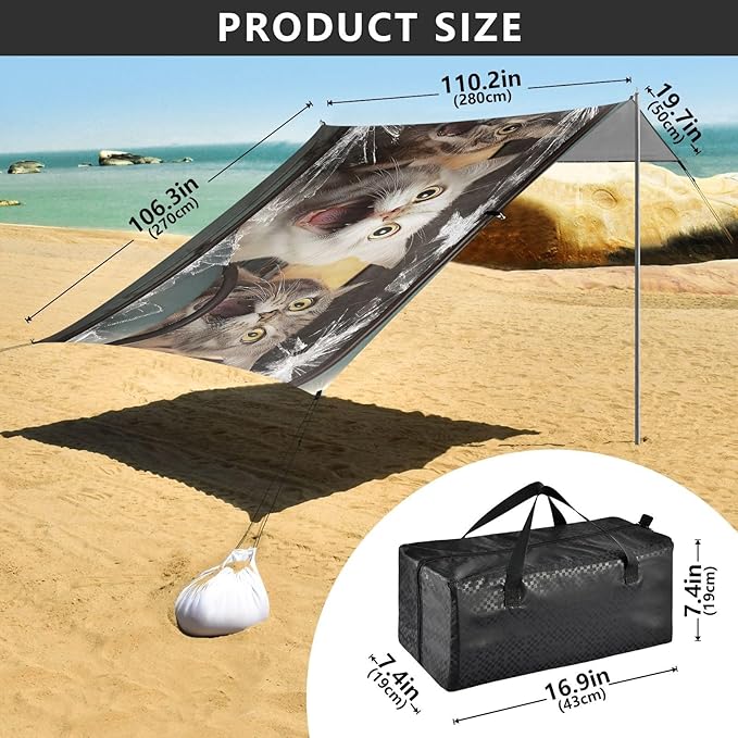 ALAZA Cats Driving Funny Animals Beach Tent Sun Shelter UPF50+ Protection Beach Shade Canopy w/ 4 Sandbags for Outdoor Camping Fishing Backyard Fun Picnic 10x9 ft