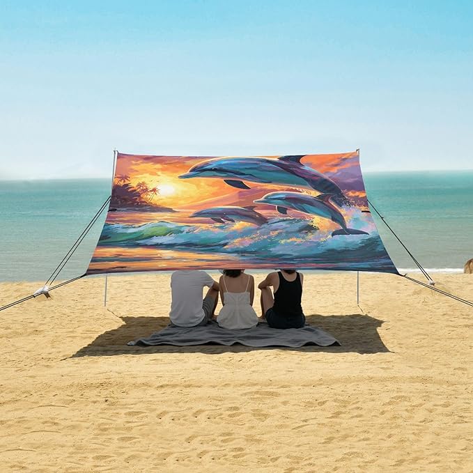 ALAZA Dolphins Sunset Sea Beach Tent Sun Shelter UPF50+ Protection Beach Shade Canopy w/ 4 Sandbags for Outdoor Camping Fishing Backyard Fun Picnic 10x9 ft