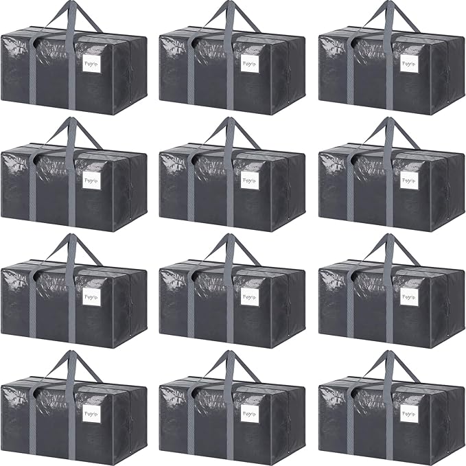 12 Pack Extra Heavy Duty Large Moving Bags with Strong Zipper &amp Comfortable Handles Sturdy &amp Durable Clothes Storage Bags Totes Bins Packing Moving Boxes for College Supplies Gray