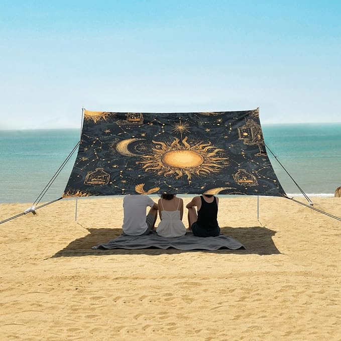 ALAZA Sun Moon Stars Constellations Witchery Beach Tent Sun Shelter UPF50+ Protection Beach Shade Canopy w/ 4 Sandbags for Outdoor Camping Fishing Backyard Fun Picnic 10x9 ft