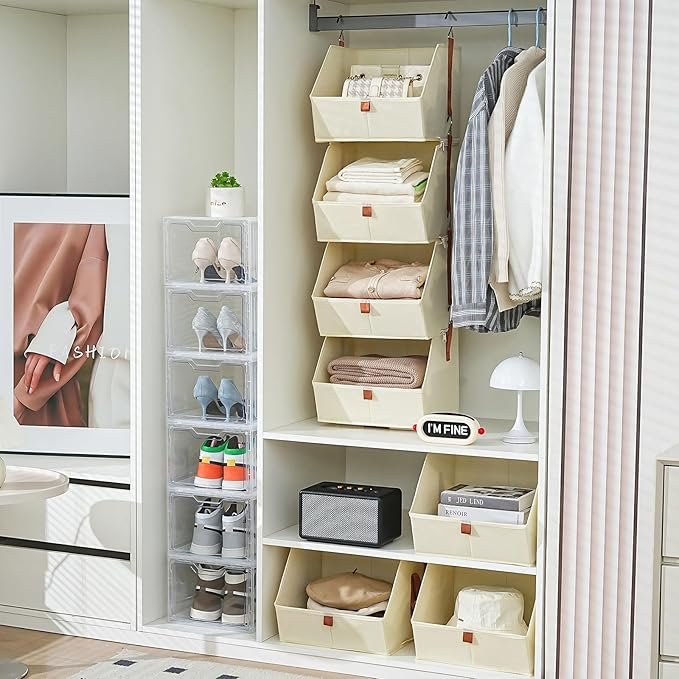 4 Tier Hanging Closet OrganizerDisassemblable Clothes Hanging ShelvesFabric Closet Organizer System for Space-SavingFoldable Storage Basket for Bedroom Rv (2 PackBeige)