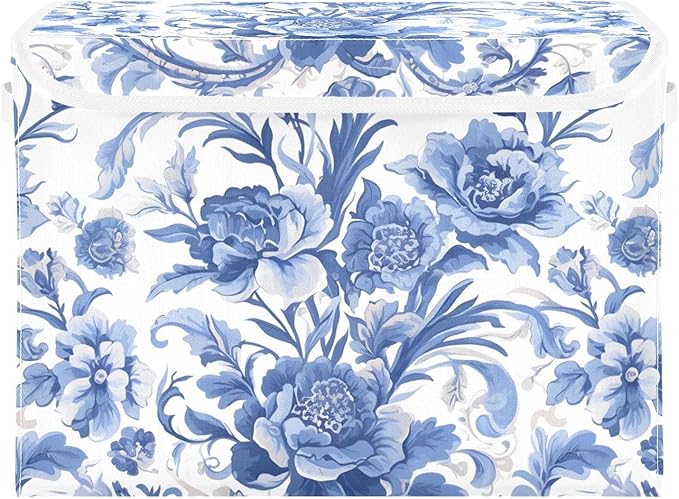 Flower Blue Lidded Storage Bins with Handles - 16.5x12.6x11.8 Foldable Organizing Box Oxford Fabric &amp Honeycomb Board Dust-Proof Flip Lid for Closet/Office