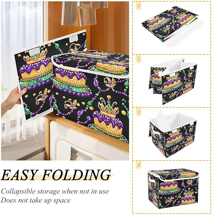 Christmas Storage Baskets with Lids Mardi Gras Carnival Cake Collapsible Bins Stackable Fabric Linen Baskets Closet Organizer Container 16.5x12.6x11.8