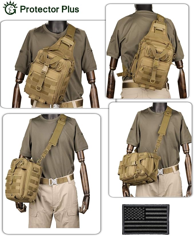 Protector Plus Tactical Sling Bag Military MOLLE Crossbody Pack Chest Shoulder Backpack (Patch Included) | Chest Shoulder Patch Included