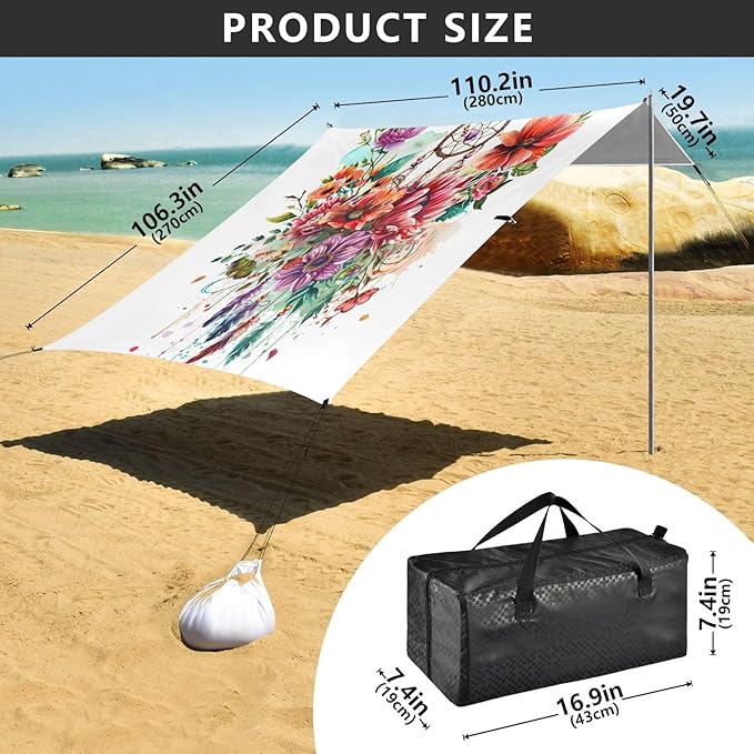 ALAZA Dreamcatcher Flowers Beach Tent Sun Shelter UPF50+ Protection Beach Shade Canopy w/ 4 Sandbags for Outdoor Camping Fishing Backyard Fun Picnic 10x9 ft