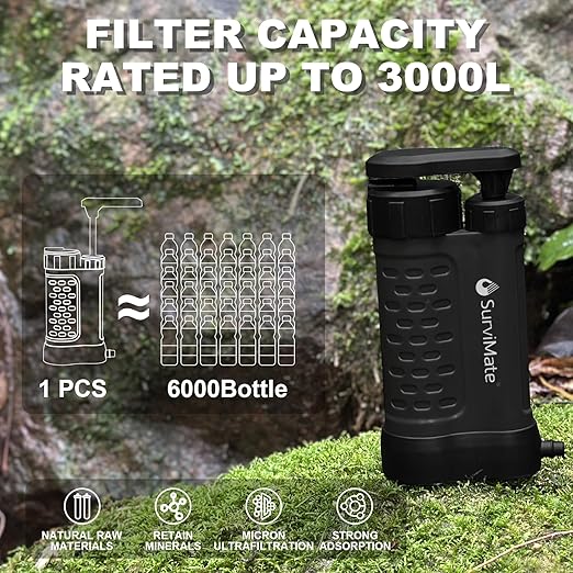 SurviMate Water Purifier Survival Pump0.01 Micron 5-Stage Water Purifier SystemHand Pump Water Filter Portable Outdoor EmergencyCamping Hiking Backpacking