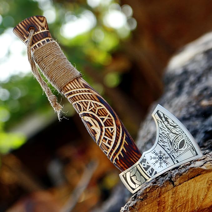 SHINY CRAFTS® Handcrafted Viking Axe – Nordic Engraved Blade with Wooden Handle Unique Gift for Men Collectors and Fantasy Enthusiasts (SCA-014)