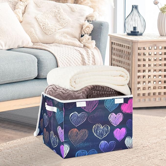 Storage Cube with Lid Doodle Hearts Print 16.5×12.6×11.8 IN Collapsible Large Capacity Foldable Storage Basket Bin Organizer