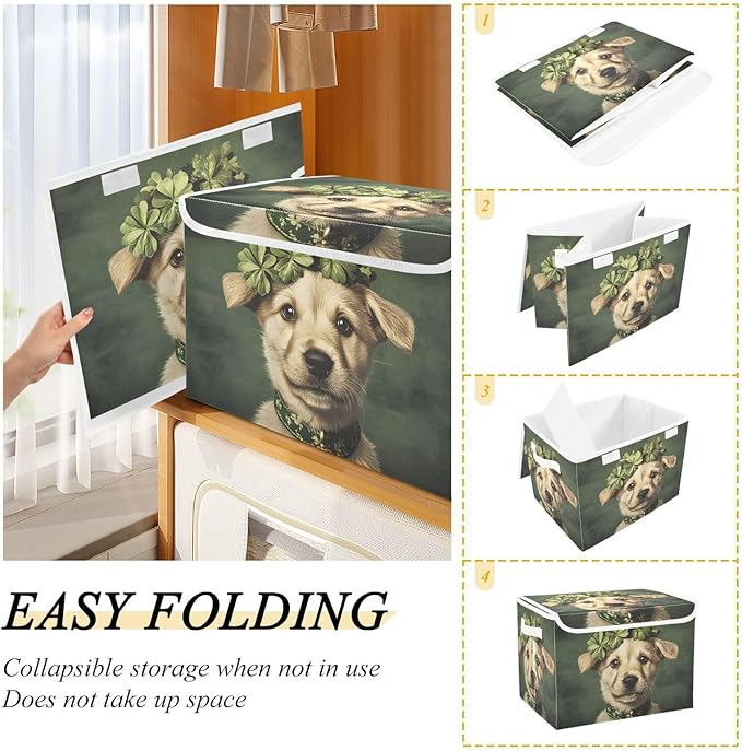 Storage Cube with Lid Little Cute Dog Print 16.5×12.6×11.8 IN Collapsible Large Capacity Foldable Storage Basket Bin Organizer