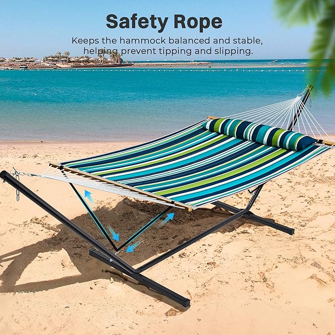 SUPERJARE Hammock with Stand 2 Person Quilted Outdoor Hammock Detachable Pillow &amp Bamboo Spreaders Portable Hammock with Carrying Bag Heavy Duty Stand Perfect for Outside Patio Dark Cyan