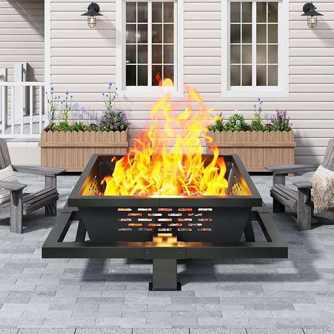 47 Large Fire Pit Square Outdoor Fire Pit with Poker Wood Burning FirePit for Camping Backyard Patio