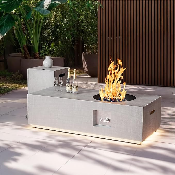 SUNPEAK 48 Outdoor Propane Fire Pit with Round Burner and Lights - 50000 BTU Fire Pit Table with Lid Rocks Cover &amp Tank Storage - Patio and Deck Gas Fire Pit (Light Grey/Golden Light 48 LED)