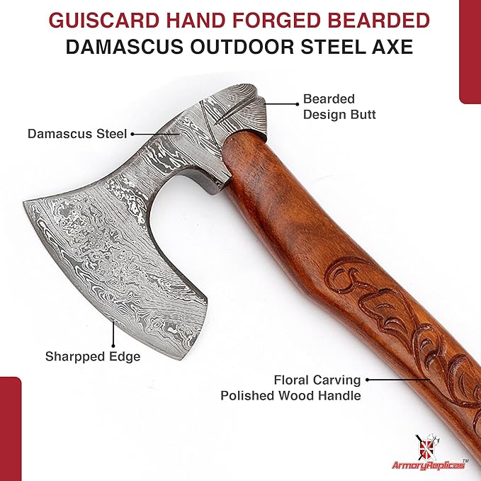 Armory Replicas™ Hand-Forged Damascus Steel Bearded Axe - 520 Layer True Damascus Blade 58-60 HRC | Sheesham Wood Handle with Floral Carvings