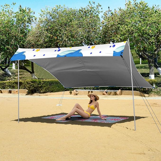 xigua Whales Beach Tent Sun Shelter with Carrying Bag - Silver Coated Oxford Fabric Beach Canopy for Beach Camping Fishing - Includes Windproof Ropes Sandbags &amp Stakes