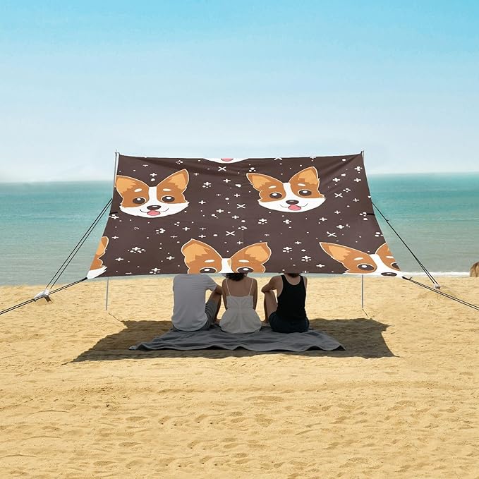 ALAZA Dog Cut Puppy Stars Beach Tent Sun Shelter UPF50+ Protection Beach Shade Canopy w/ 4 Sandbags for Outdoor Camping Fishing Backyard Fun Picnic 10x9 ft