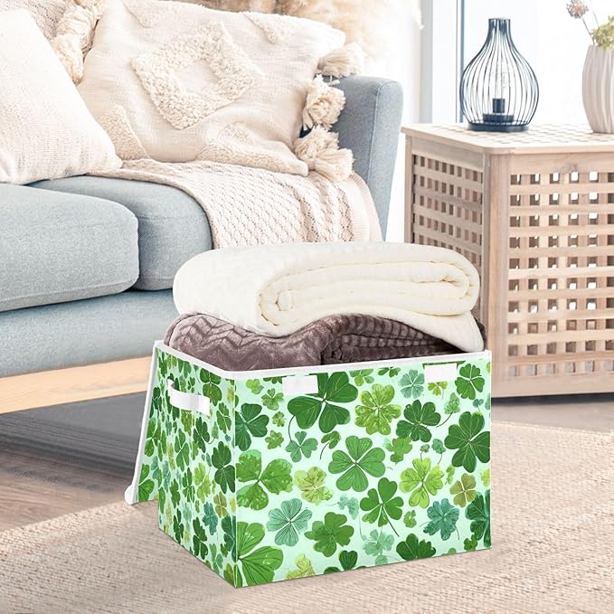 Storage Bins with Lids Storage Containers Box Organizer Bin Basket with Handles for Closet Shelves Clothes Stackable Foldable Decorative Green Nature St Patrick Clovers
