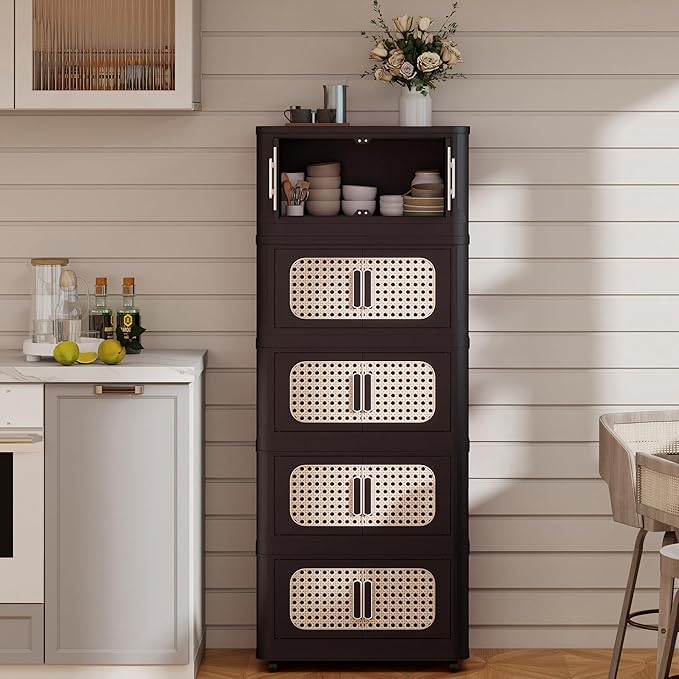 5 Tiers Folding Storage Cabinet20 Side Wide Stackable Storage Bins with Doors and Wheels Space Saving Plastic Cabinet for Living Room Office Dorm Retro Brown