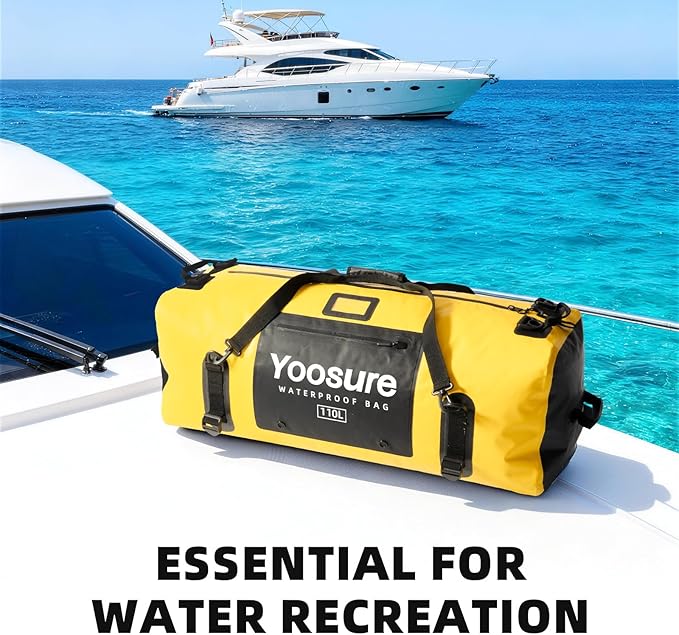 Airtight Zipper Waterproof Duffel Bag 110L- 700D PVC Dry Bag Extra Large Dry Bags with Straps&ampHandles for Camping Boating Kayaking Rafting Canoeing Gym Beach Car Roof Storage (Yellow)
