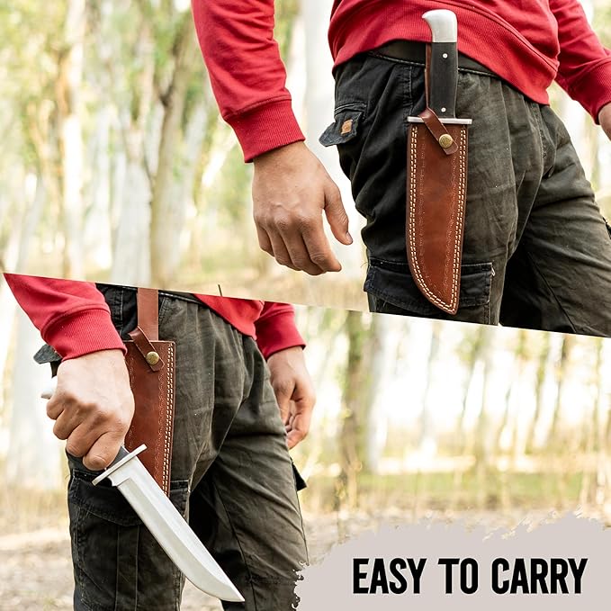 D2 13 Inch Full Tang Fixed Blade Bowie Knife with Leather Sheath - Suitable for Outdoor Bushcraft Survival and Camping Knife with Black Micarta Handle