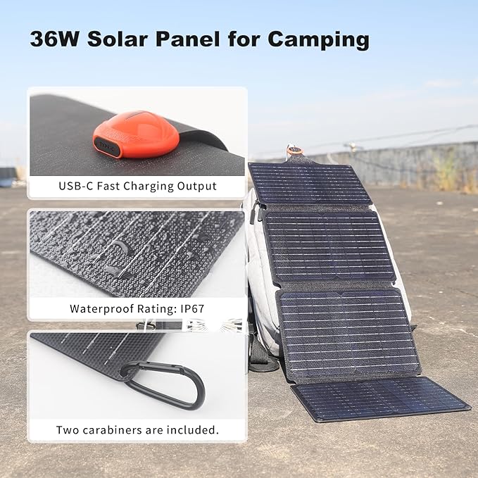 EYONGPV 36W Portable Foldable Solar Panel with Croc-Eye USB-C PD Fast Charging Output IP67 Waterproof Compact Solar Charger for Phones Power Banks Camping Hiking Backpacking
