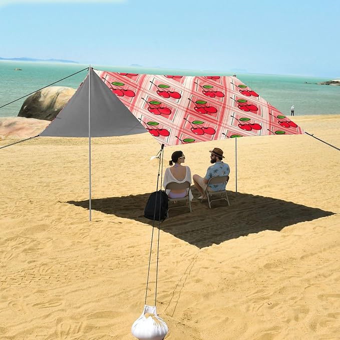 Beach Canopy with Windproof Ropes &amp Sandbags Beach Tent Sun Shade Sun Shelter for Camping Trips Fishing Backyard Fun or Picnics Cherry