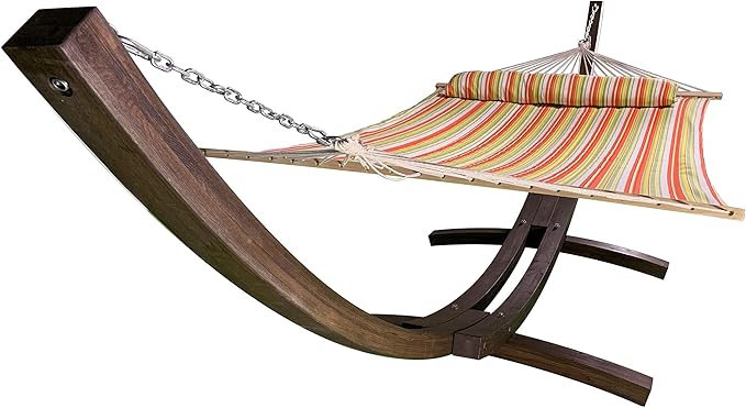 14 Ft. Wooden Arc Hammock Stand + Deluxe Quilted Double Padded Hammock Bed w/Pillow. 2 Person Bed. 450 LB Capacity(Coffee Stain/Spring Stripe)
