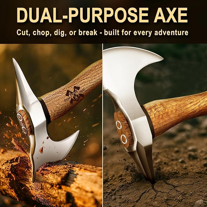 Grumpy Bear 11 Survival Axe Camping Hatchet – Forged High Carbon Steel Blade with Walnut Wood Handle – Shock-Absorbing Anti-Slip Grip – Ideal for Bushcraft Wood Splitting &amp Outdoor Adventures