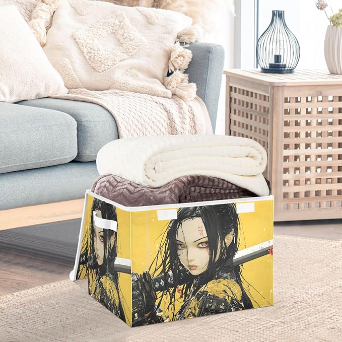 Cyber Samurai Storage Cube Bins Basket with Lid Collapsible Flip-top Fabric with Handle for Home Bedroom Closet Office 16.5×12.6×11.8 in
