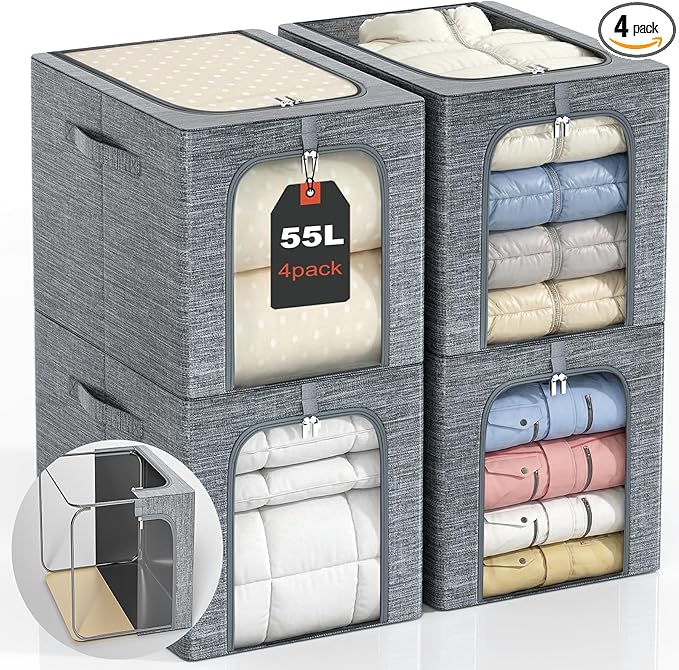 GoMaihe Clothes Storage Bins Metal Frame: 55L Extra Large Stackable Closet Storage Bin with Lid &amp Clear Window Heavy Duty Blanket Box for Winter Coats Comforters (Fits Deep Closet 4-Pack)