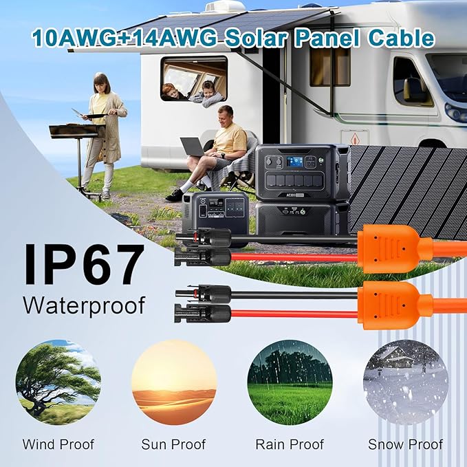 Solar Panel Extension Cable 50FT - MOOKEERF 10AWG+14AWG Solar Wire with Female &amp Male IP68 Waterproof Connector for RV Photovoltaic Systems Home Boat Solar Panels Car
