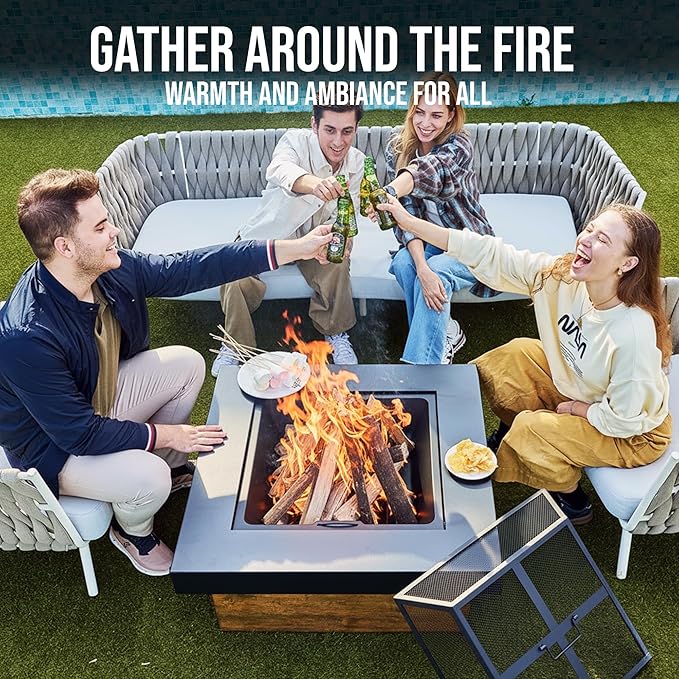 WILDMOS 36 Firepits for OutsideWood Burning Fire Pit with Wood-Grain Side PanelsFirepit for Outside with Mesh Cover &amp Fire PokerSquare Modern Outdoor Fireplace Fire Table.