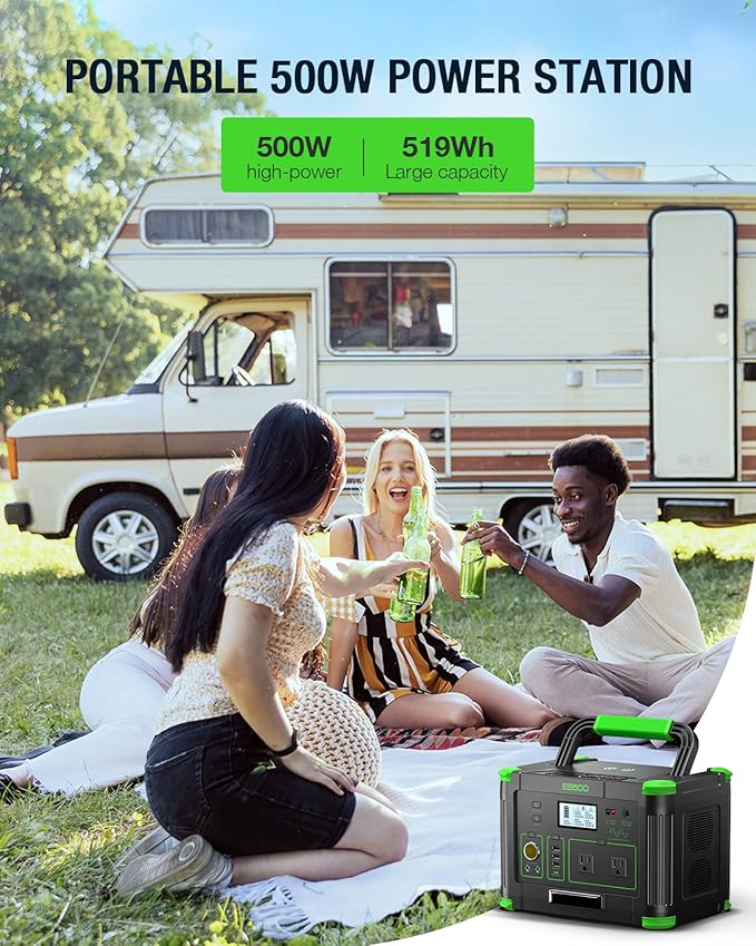 500W Portable Power Station 512Wh Solar Generator with 60W USB-C PD Output Built-in BMS 110V Pure Sine Wave AC Outlet Backup Lithium Battery for Outdoors Camping Travel Emergency (Peak 1000W)