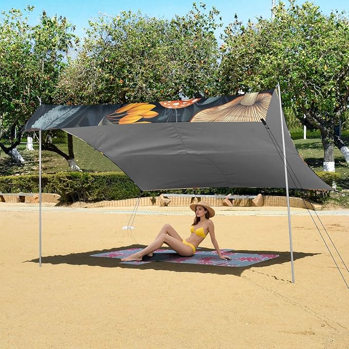 ALAZA Mushroom Floral Leave Beach Tent Sun Shelter Portable Canopy Sunshade for Outdoor Camping Picnics Backyard Fun 10x9 ft