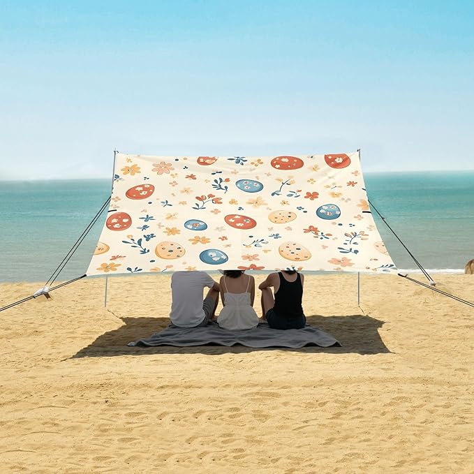 Easter Eggs Cute Flowers Beach Tent Sun Shelter Set UPF50+ UV Protection 10.5 x 9.19 FT Camping Shade Canopy with Sandbags Sand Anchors Carrying Bag and Others