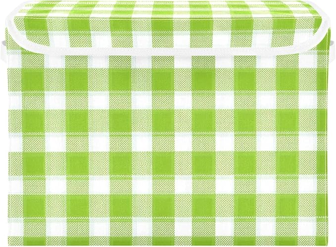 Spring Green Gingham Checker Storage Box with Lid 1 PC Foldable Storage Bin with Lids Stackable Storage Bins Cube Closet Organizer Basket with Flip-Top Lid &amp Handles for Shoes Books Towels