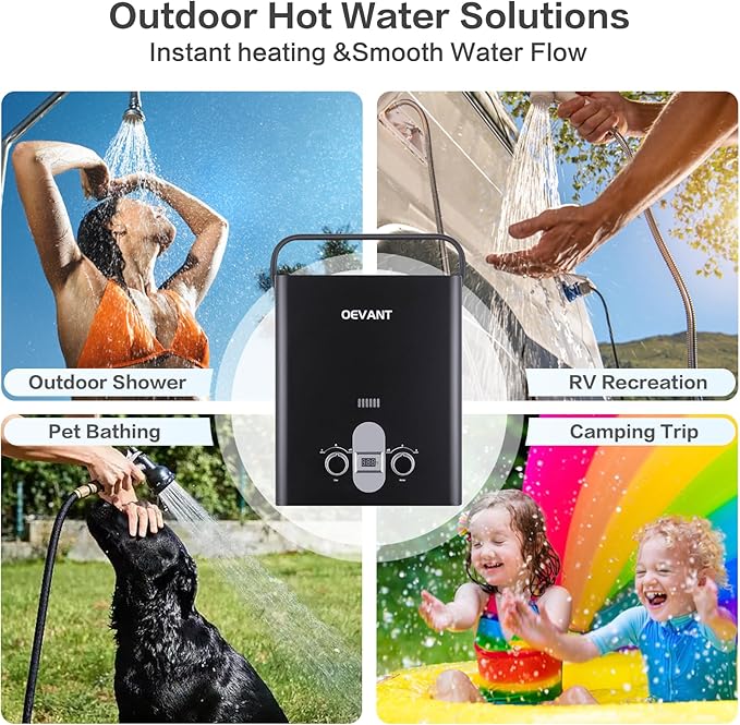 Propane Water Heater 1.32 GPM 5L Portable Tankless Water Heater with Overheating Protection Upgrade Screw-free Back Shell Instant Hot Water for RV Camping Outdoor Shower (BLACK)