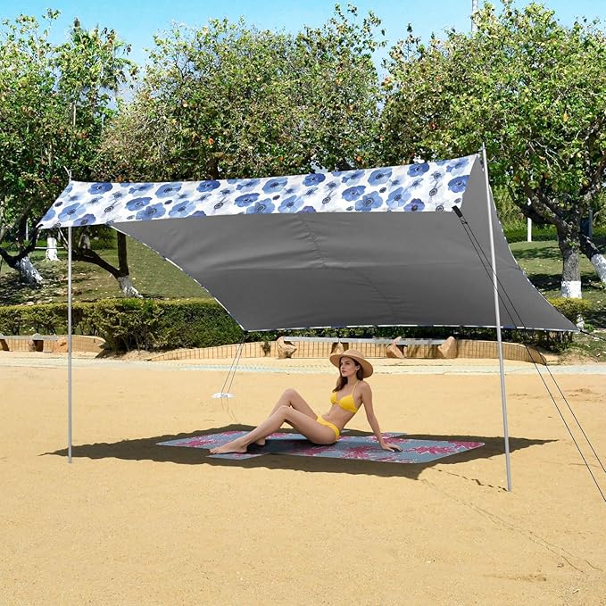 ALAZA Anemone Flowers Floral Beach Tent Sun Shelter UPF50+ Protection Beach Shade Canopy w/ 4 Sandbags for Outdoor Camping Fishing Backyard Fun Picnic 10x9 ft