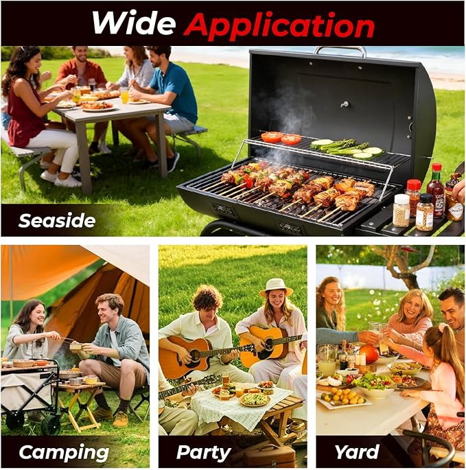 VINGLI Upgraded Barrel Charcoal Grill with 2 Sides Table BBQ Grill Outdoor Smoker with Wheels for Party Garden Patio and Backyard Cooking 39''D × 24''W × 46''H (Upgraded Grill w/Side Table)